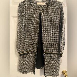 Designer Like Black Gray White Tweed Zara Knit Blazer w/Gold Chain Trim Size L